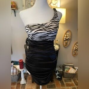 Ruby Rox Y2K one shoulder body con dress with black & zebra.​